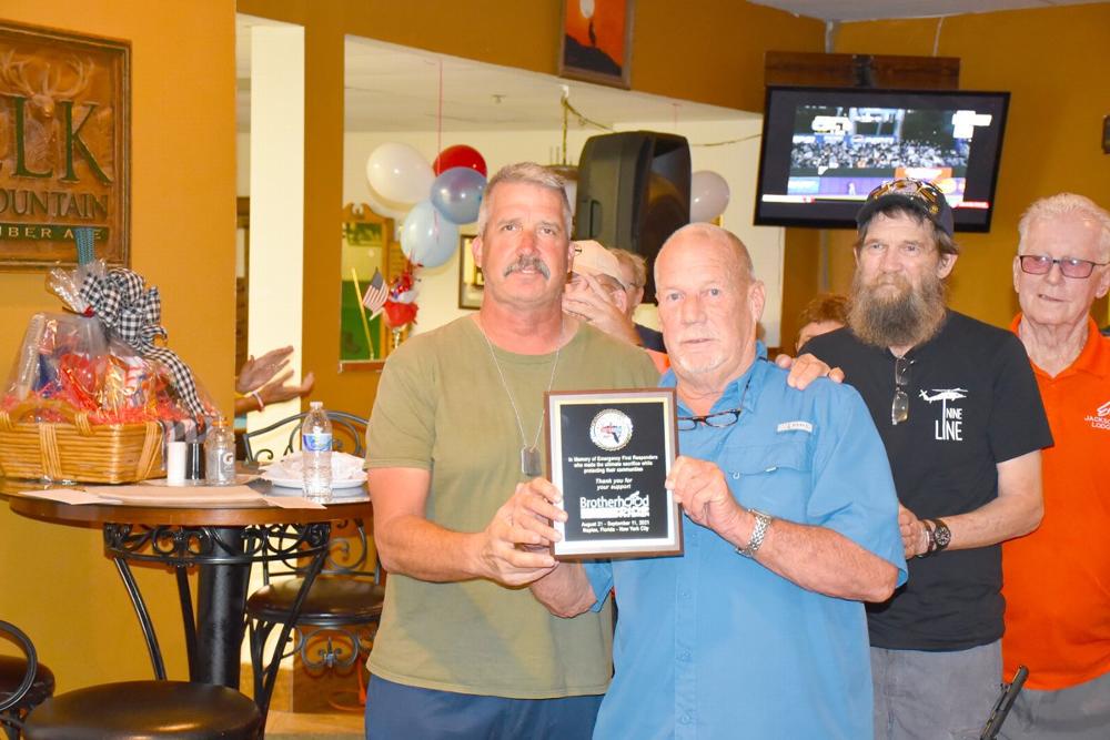Jeff Morse, Founder of the Brotherhood Riders with ER Jim Bryant on August 25th when our Lodge hosted the riders and their guests with Dinner, overnight lodging and breakfast the following morning on their 22 day journey to Ground Zero in New York City from Venice, Florida!