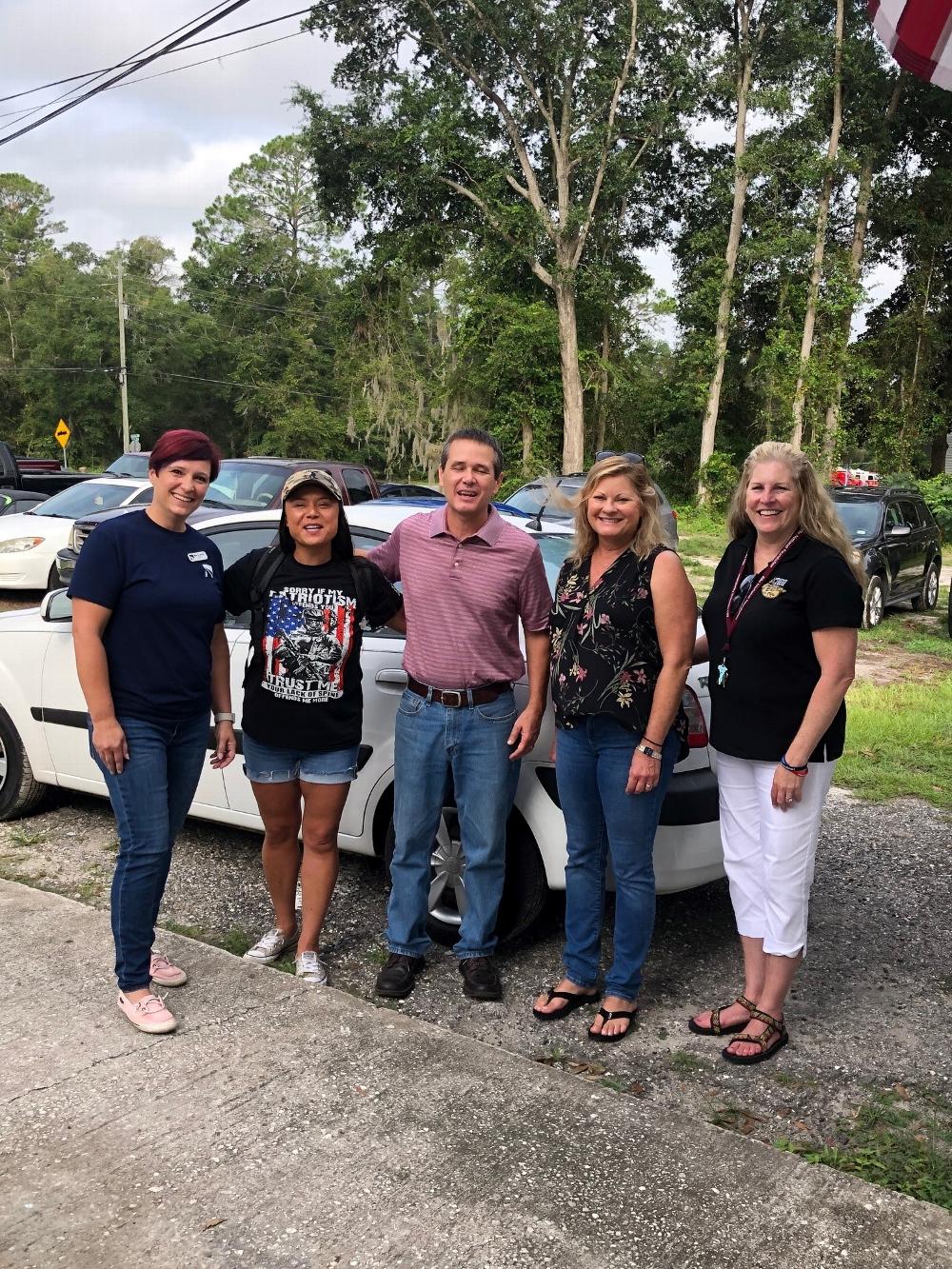 Jacksonville Elks Lodge #221 recently partnered with Operation Barnabus to help purchase a vehicle to enable a local veteran transportation for herself and her family, who has been going through difficult times dealing with PTSD.
 Jacksonville Elks used $500.00 from the Elks National Foundation Freedom Grant for their first donation of the grant, along with the help of the owner of Mercy Automotive Charitable Foundation, Karla, and Operation Barnabus, to help our first recipient, Dee a is a Navy Veteran.  Dee, the mother of three children, ages 17, 12 and 10, was introduced to Operation Barnabus several months ago through local veterans she had met.  In that time since, she has received the help and support from volunteers at Operation Barnabus who have helped her overcome her struggles with PTSD.  This support, along with the strength and power of faith, has empowered her to move forward with her life in a good and positive way, and our Jacksonville Elks Lodge is humbled and privileged to have been a part of making this huge difference in Dee’s life.  In Dee’s words, time and time again, “God is good!!” 
Operation Barnabas is a faith based nonprofit organization assisting military veterans and first responders who struggle with Post Traumatic Stress Disorder (“PTSD”).  By providing sanctuary, meeting physical needs, and linking resources, their purpose is to provide hope, encouragement, and mentorship to at-risk veterans and first responders through outreach and resources in a swift and timely manner.  
Operation Barnabus endeavors to ignite a positive transformation in those striving to find purpose and meaning and is funded by the support of generous donors.  
Pictured left to right: Karla – Owner of Mercy Automotive Charitable Foundation, Ms. Dee – Navy Veteran, Pastor John Green – Operations Officer of Operation Barnabus, Robin Pipkins – ENF Grant Chairwoman of Jacksonville Elks Lodge #221, and Deborah Reedy PER – Secretary of Jacksonville Elks Lodge #221.

#ElksCareElksShare


