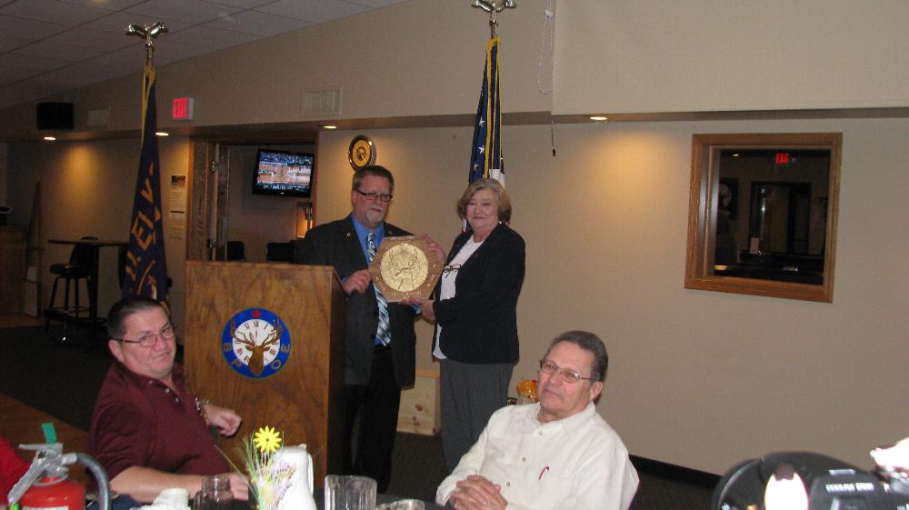 State President Rob Radig Sr. presents the State President's Plaque to Marilyn Gillies accepting on behalf of Lodge #693