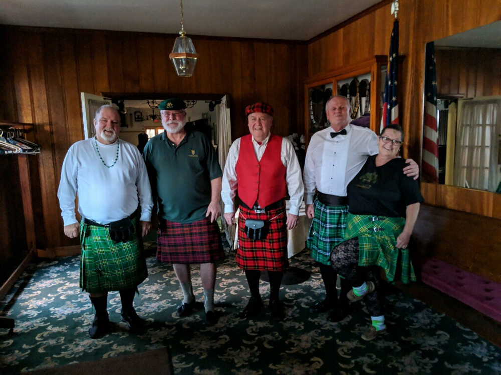 West Chester Elks St. Patricks Day Party had 5 Members wearing Kilts: Ken Hagerty, Tom Kelly, Tow Wallace, Bob Smith and Lynne Perez  