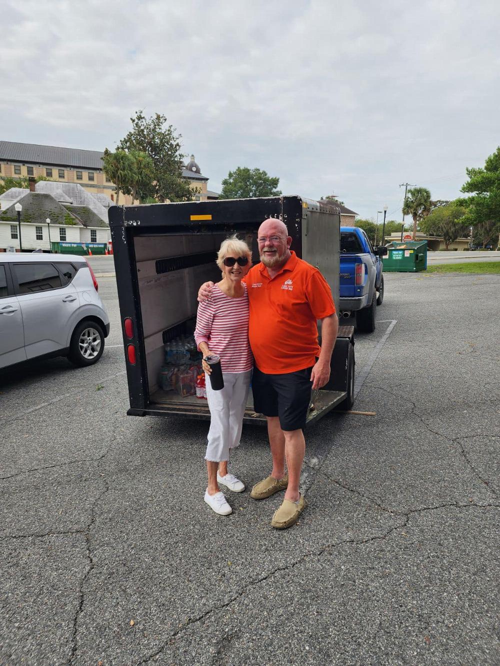 Good Member Rosemary Coleman and Exalted Ruler Chris Samson making a delivery of water and food stuff to Horseshoe Beach after the devastation of Hurricane Idalia on September 2nd. 