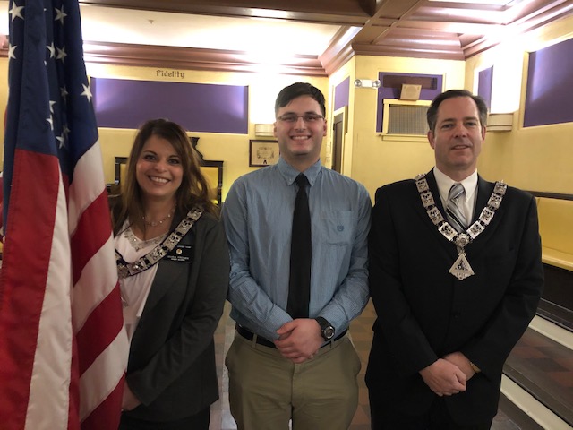 Inner Guard Maria Fronek with her son and newly initiated (1/16/20) member, Anthony Fronek, and Anthony's sponsor, Lecturing Knight Patrick Carey