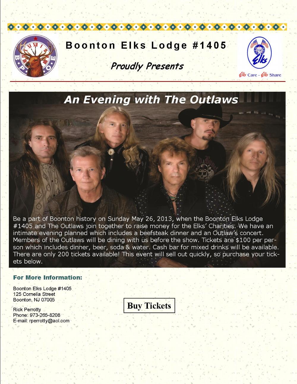 The 2013 Flyer for the "Outlaws".  A nationally renowned southern rock band that played at Boonton Lodge.