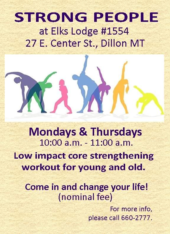 STRONG PEOPLE
Low impact core strengthening workout for young and old.
Mondays and Thursdays - 10 a.m. to 11 a.m. (nominal fee)
Come in and change your life!