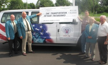 Proceeds from our 2008 Golf Tournament were used to purchase a van to transport Veterans to medical appointments and facilities.  Shown are, L to R, E.R. Tom Daily, Golf co-chair Pete Magnuson, DAV chief of transportation, Golf co-chair Artie Orlowski, and member Skip Heaney, a major supplier of auction prizes.



