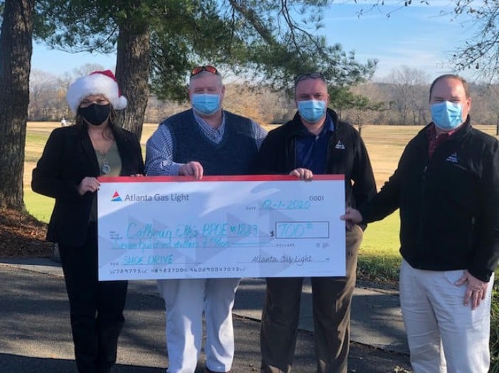 A Big Thank You to Atlanta Gas Light for their $700 donation to Calhoun Lodge's annual Shoe Drive & Christmas Party!
L to R: Marilyn Roland, Exalted Ruler Calhoun Elks #1883, Tim O’Dea, Supervisor (Rome) Atlanta Gas, Sean Edgeworth, Supervisor (Rome) Atlanta Gas, and Paul Leath Regional Director Chattanooga Gas & (Rome)Atlanta Gas Light