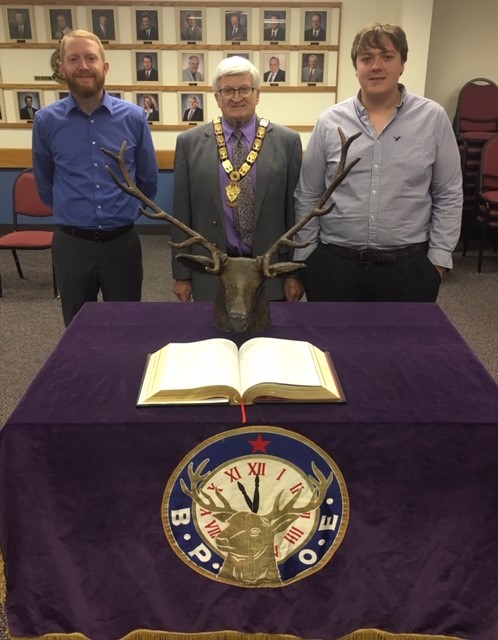 On December 5, 2018, Chase Cooper (left) and Treyton Kost Hillmer (right) were initiated into Pierre Elks Lodge #1953 as the lodge's newest members.  They're shown here with Exalted Ruler Matt Schatz following the initiation ceremony.