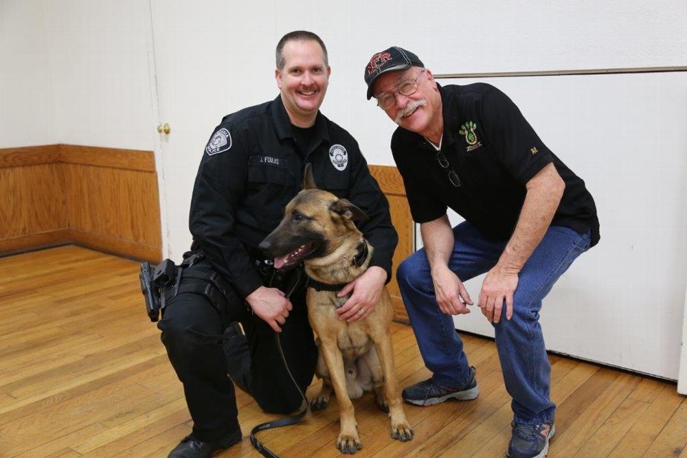 Officer xxxxx with Newest Member of Arcadia Police Department, "Zoli" along with ER Al Bigelow.