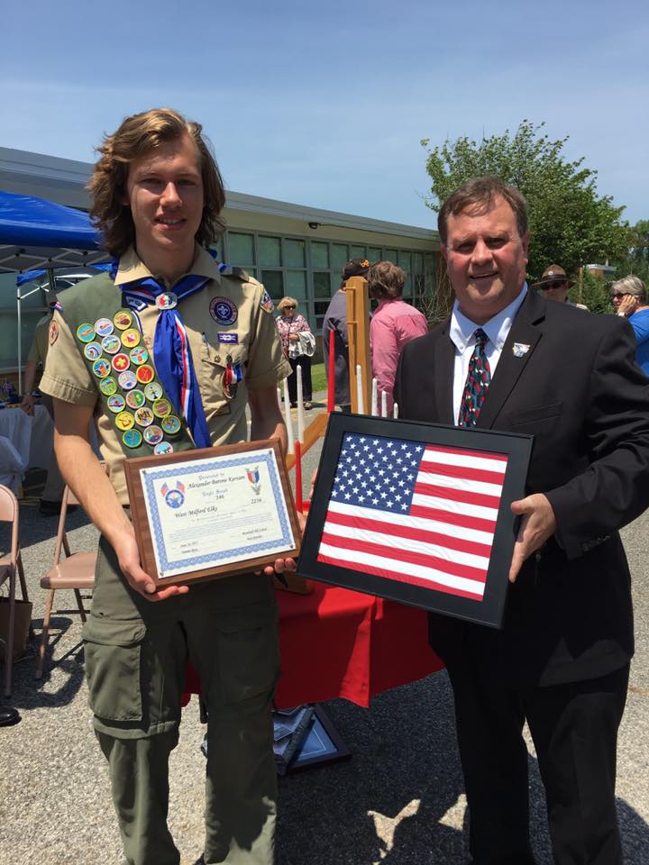June 2017 - WM Elks Ken Hensley presents Alex Kerssen the American Flag and a plaque during Eagle Court of Honor Ceremony