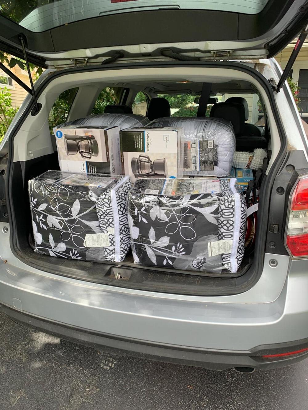 One of many trunk loads of goods supplied to the vets re-homing project. By mid-December 2019, the Lodge had assisted in re-homing over 140 homeless vets.