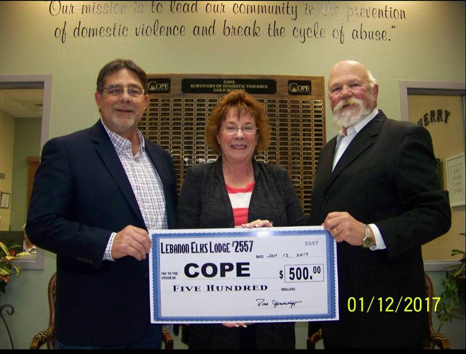 Lebanon Elks Lodge #2557 presenting a donation of $500 to the Cope Domestic Abuse Center.
 From Left to right, David Layman-Elks, Judy Kile-Cope, Ross Jennings-Elks.
 The Lebanon Elks are pleased we could donate to the Local Cope house again this year, which is made possible by our local fund raising events with the help of our community.

