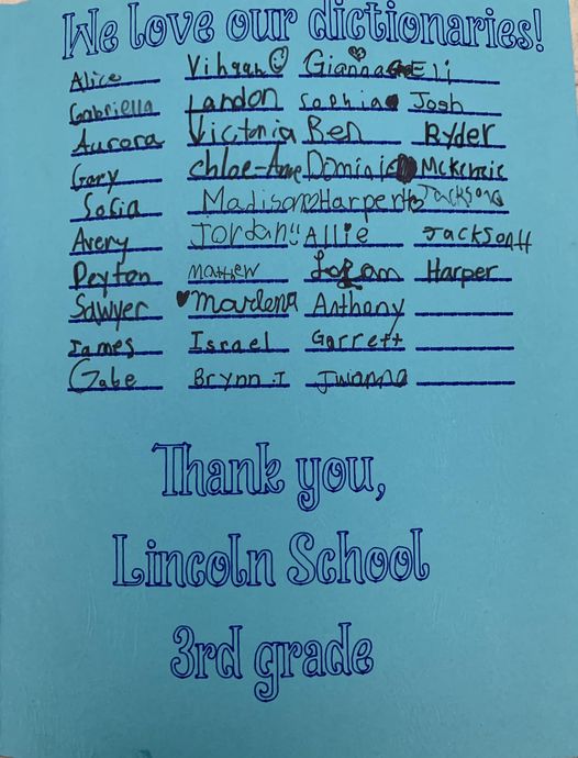 Our lodge donated dictionaries to all of the third graders in the Village of Scotia grade schools. Here is a very nice "thank you" letter from Lincoln Elementary School.