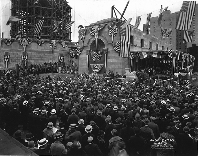 A large crowd gathered at the then-under construction Memorial on June 7, 1924 for the laying of the cornerstone.