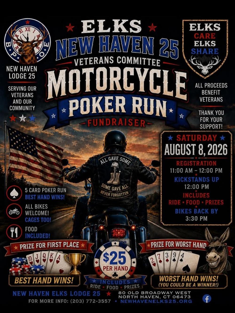 New Haven Lodge #25 Poker Run to benefit Lodge #25 Veterans Committee 