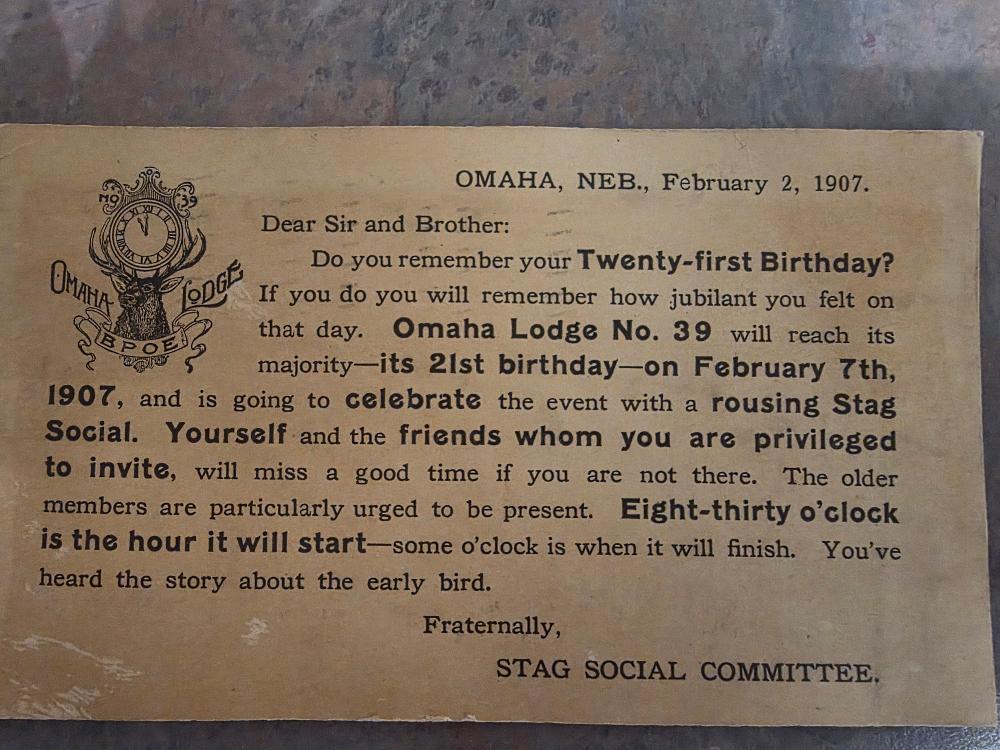 Omaha Elks member invitation to the 21st birthday of the Omaha Elks #39 on February 7th, 1907. 