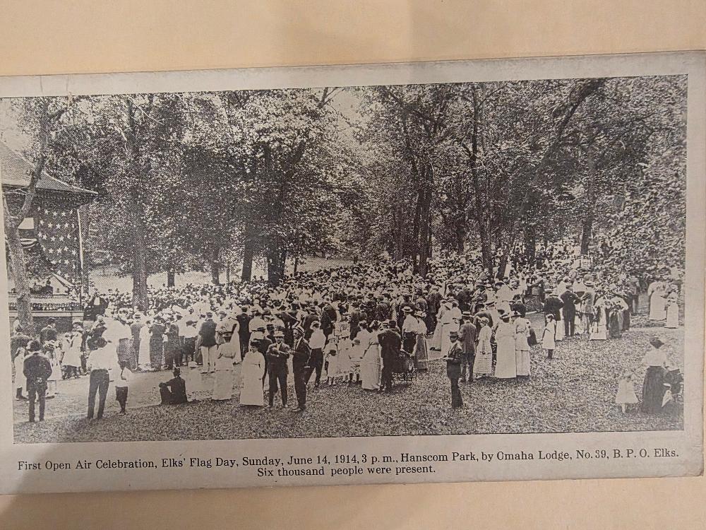 First Open Air Celebration of Elks' Flag Day, Sunday, June 14, 1914 at Hanscom Park in Omaha. Six thousand people were present. 