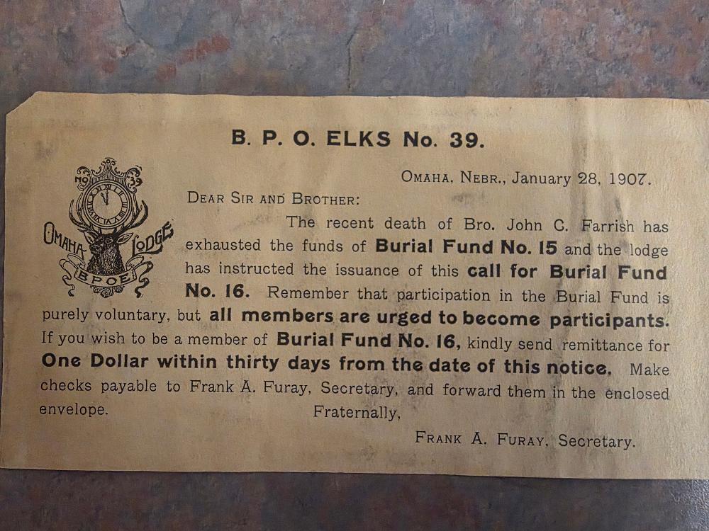Burial Fund request from Jan. 28th 1907. 