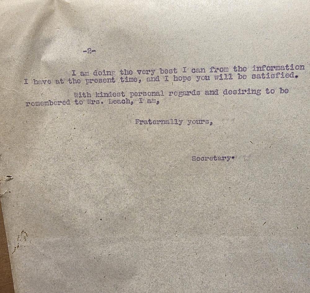 In 1917, this letter was sent to the Fulton Market in New York City in preparation for the 7th Annual Clambake. It outlines the original food request, notes concerns about the event’s success due to a prohibition on beer, mentions many members leaving for Army service, and even references the use of “near beer” as a substitute to keep spirits high. This is page 2 of the letter. 