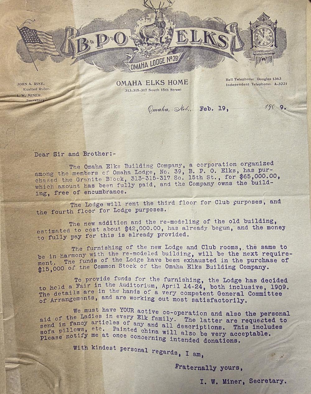 Letter sent to members in 1909 regarding the Elks Fair held to raise funds for furnishing the newly renovated building. 