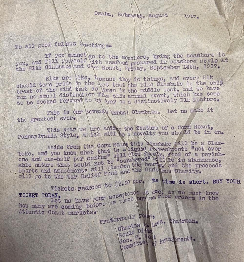 Invitation to the 7th Annual Elks Clambake in 1917. This Clambake was almost cancelled due to the "bone dry law".