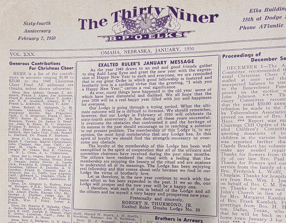 ER message from the January 1950 monthly newsletter briefly talking about the financial troubles of Omaha Lodge 39 just a few months prior to the loss of the Lodge 39 charter. 