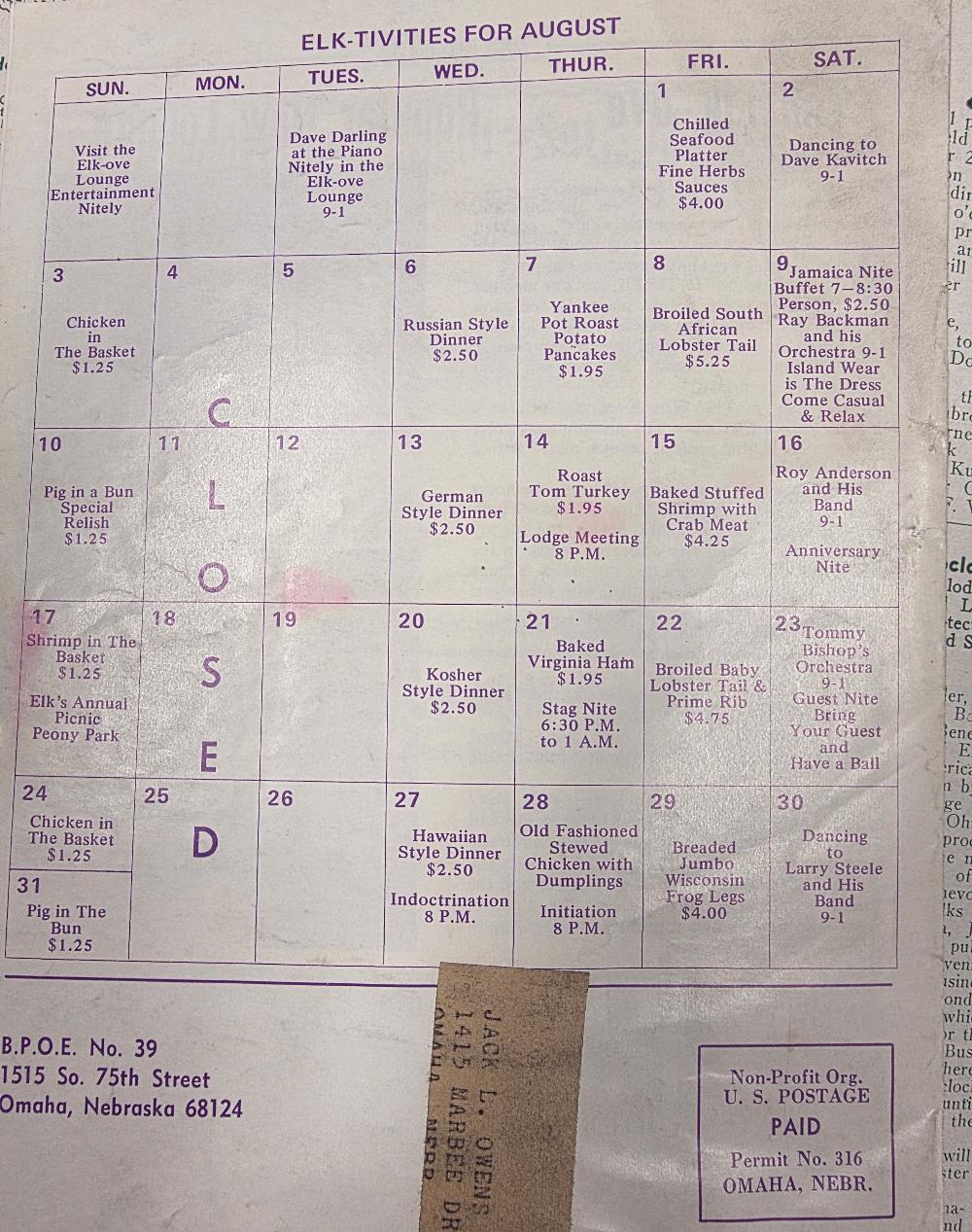 Elks event calendar from August 1969