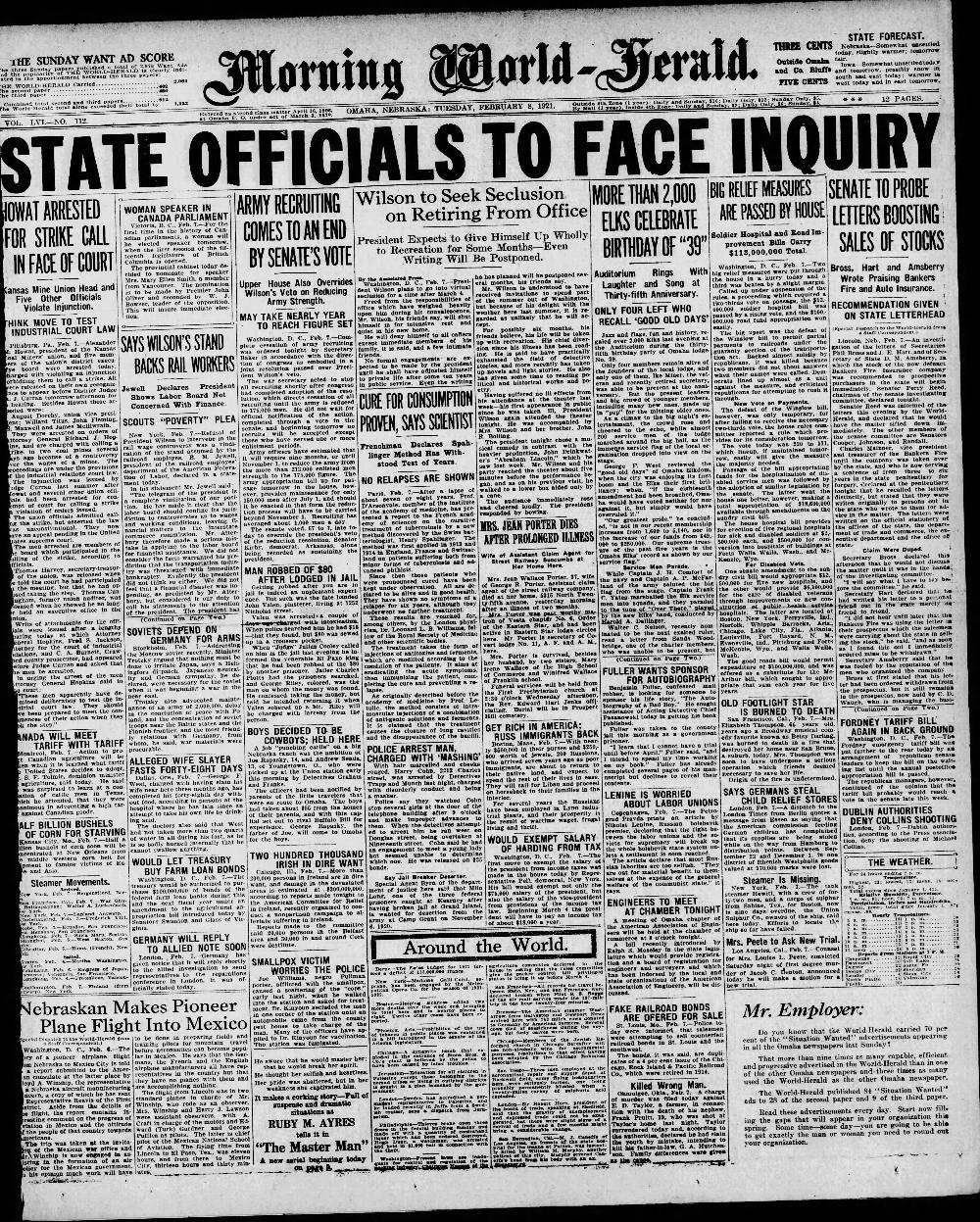 Morning "Omaha" World-Herald from 2/8/1921. More than 2,000 Elks celebrate the Thirty-fifth Anniversary of Omaha Lodge 39. Page 1. 