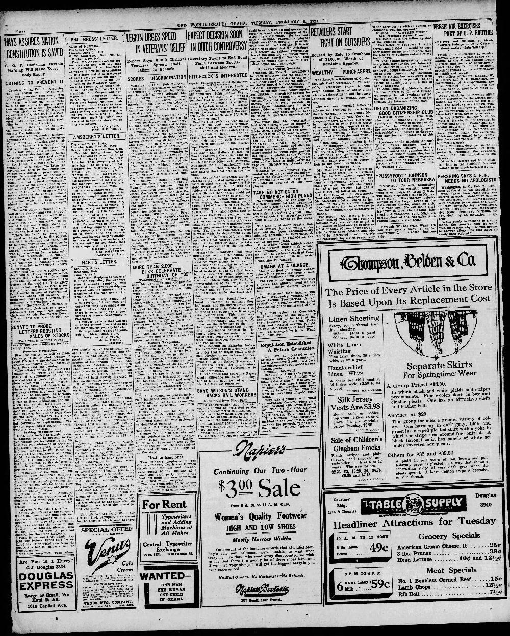 Morning "Omaha" World-Herald from 2/8/1921. More than 2,000 Elks celebrate the Thirty-fifth Anniversary of Omaha Lodge 39. Page 2