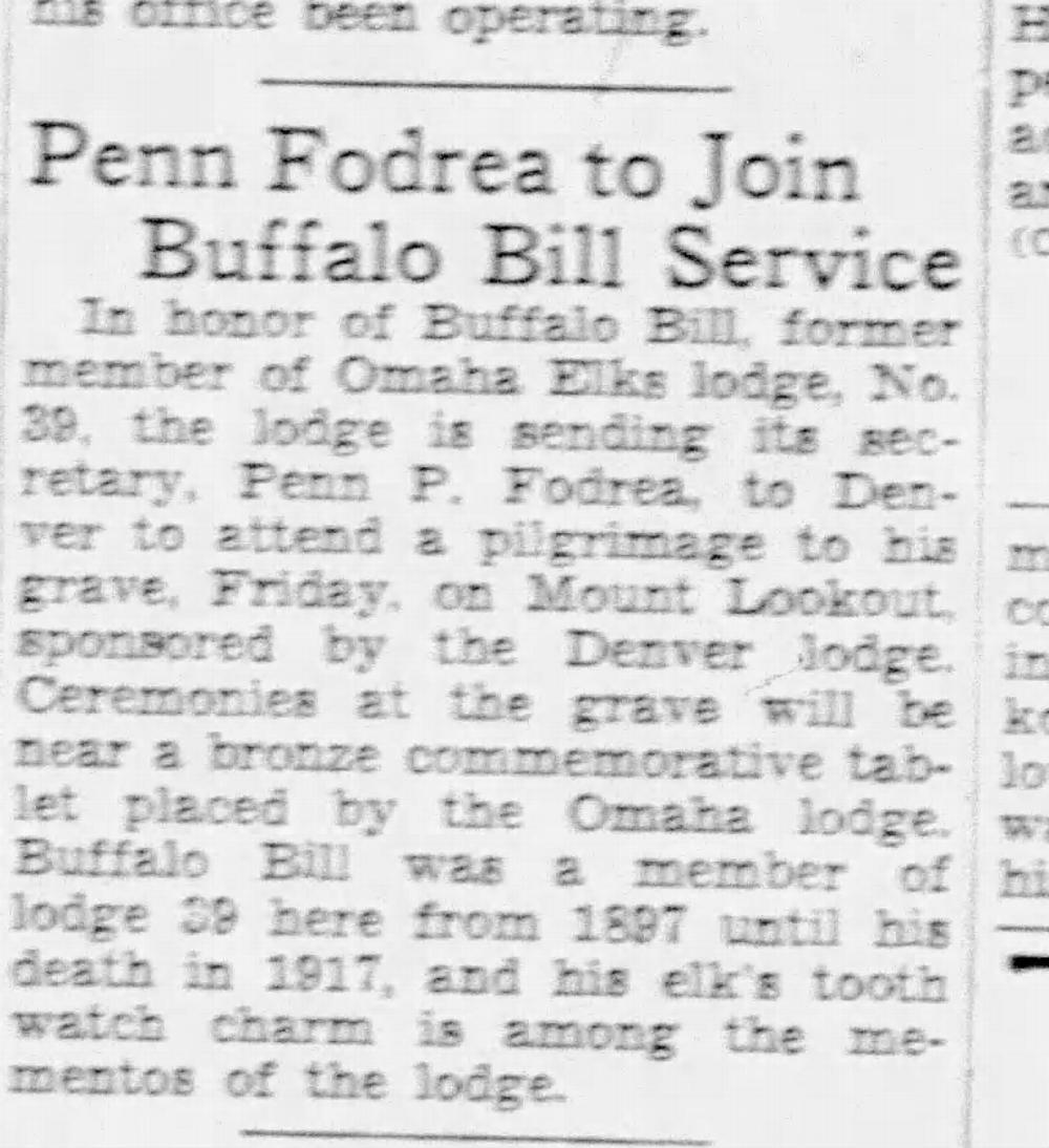 Omaha Elks Lodge secretary Penn P. Fodrea attending a pilgrimage to Buffalo Bill's grave on Mount Lookout, sponsored by the Denver Lodge. Buffalo Bill was a member of Omaha Lodge 39 from 1897 until his death in 1917. 