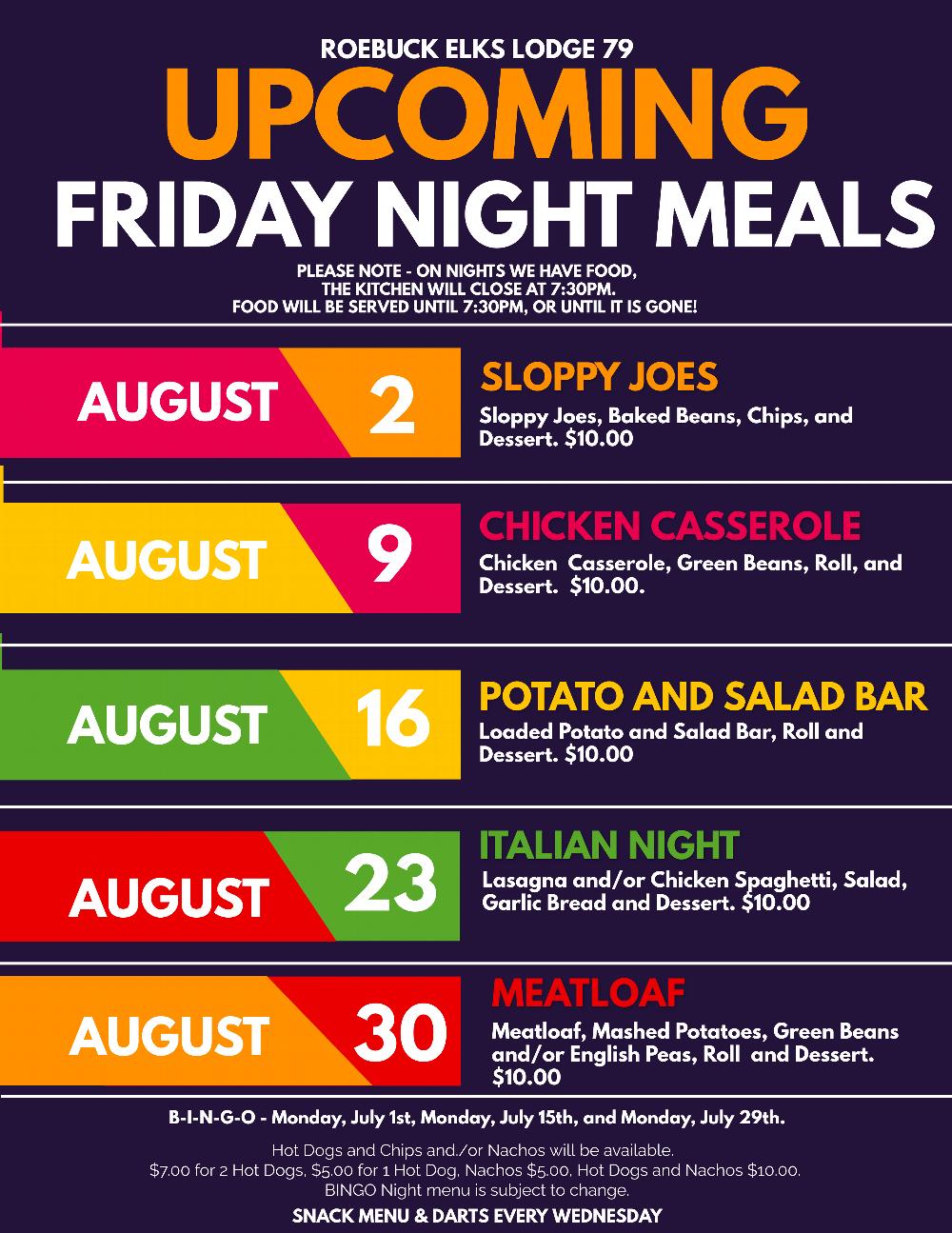 We have meals every Friday night!  Come out an join us for a deicious home cooked meal.