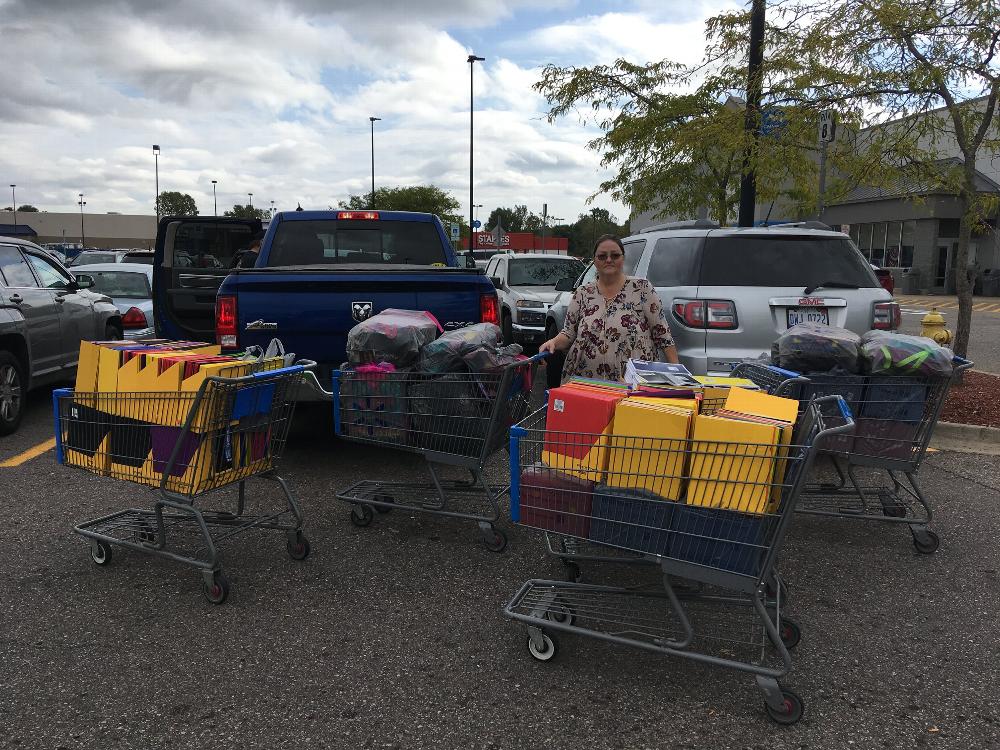 A shopping trip for our back to school event 2018. These supplies, with many more, will be divided into backpacks and gifted to children in the Battle Creek community. 