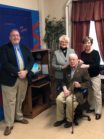 2018:  The York Elks Lodge received an Anniversary Grant which was used to help the Children's Home of York Transition Home for young men. Funds were used to purchase a desk, chair, lamp, printer, desktop and laptop computers, software and a large monitor that can be used to show programs and presentations to the 10 young men living there. 
Pictured alongside the computer station are Dr. Joseph Birli, President & CEO of the Children's Home of York and York Elks members Karl Reachard, Ilene Gentzler and Barb Small who stayed at the Orphanage when they were children.