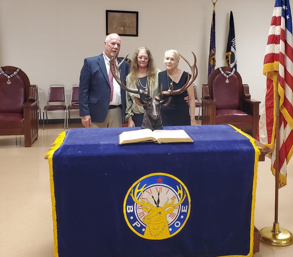 New Member Arlene Wargat (center) with ER Jim Bryant (left) and Carole Shapley, installing ER on June 23, 2021.