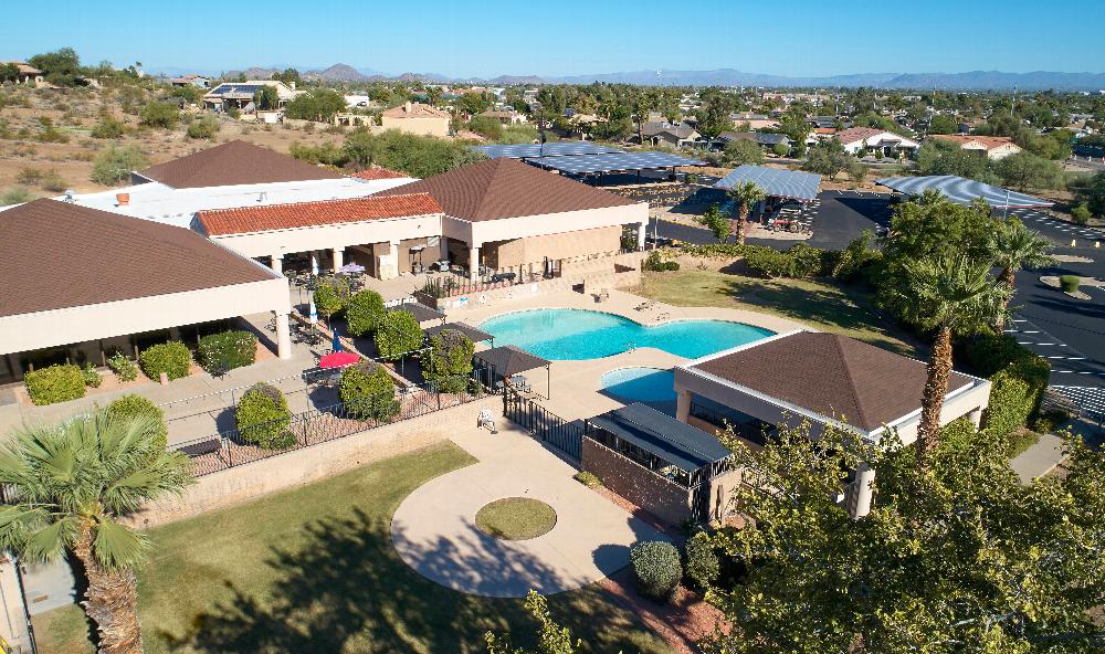 Aerial view of the pool and grounds of Phoenix Elks Lodge 335.