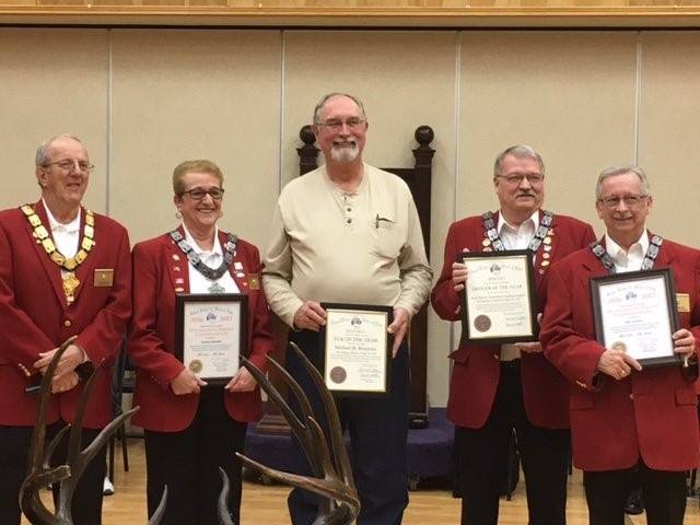 ER David Ross presented awards at the Lodge Meeting last night, March 1st for Elk year 2016-17. L to R: ER David Ross, Juanita Matusky ( Outstanding Service Commendation), Mike Bonnette (Elk of the Year), Ron Nicely (Officer of the Year) and Roy Frazier (Outstanding Service Commendation)