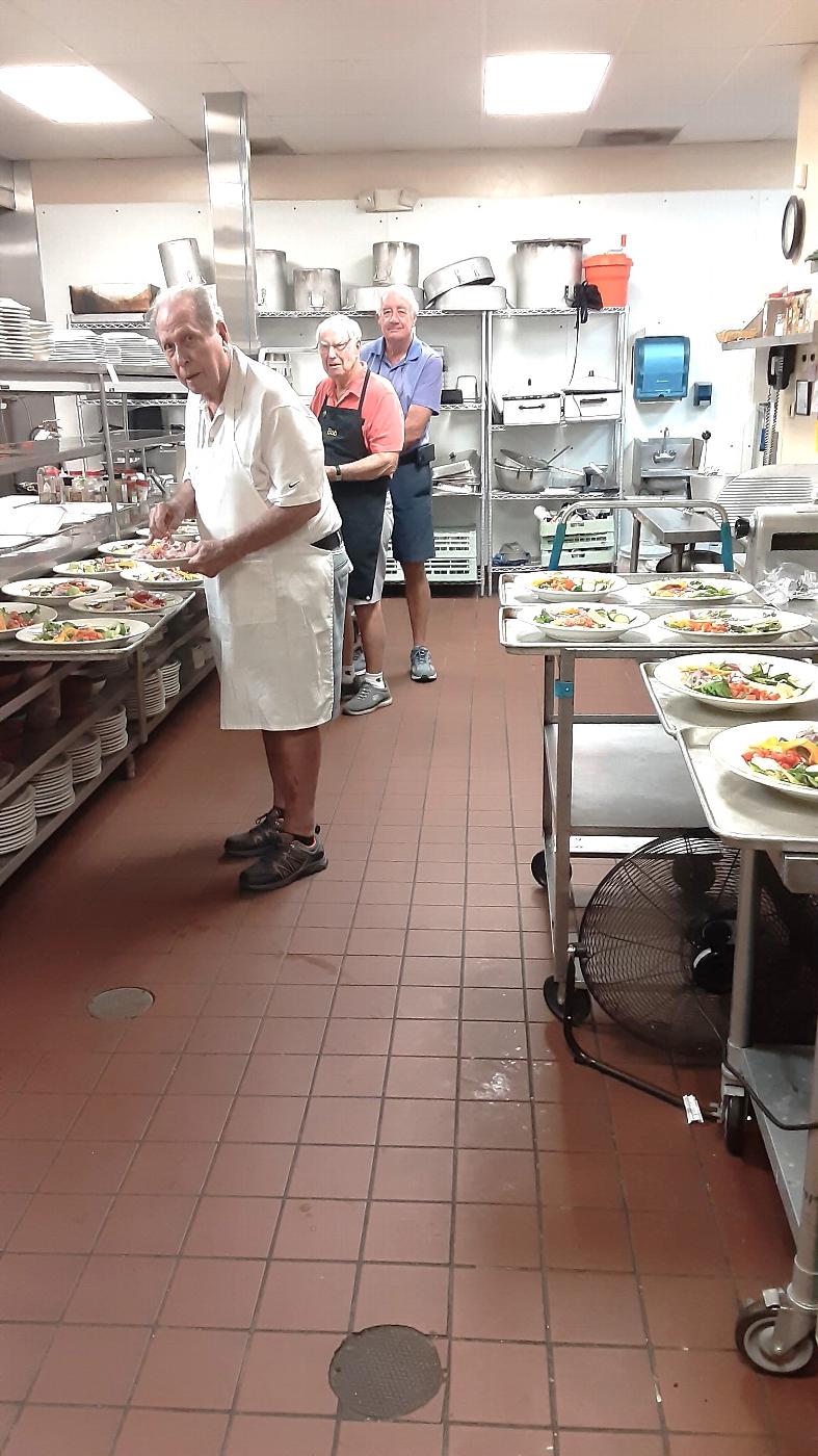 September 28, 2023, the "Three Amigos" making their famous chef salads  (24 of them) for recent group meeting in the Lodge room.  Trustee/PER Jim Sanford, PER Bob Holyoak and Trustee/BOD director Wayne Burns.  