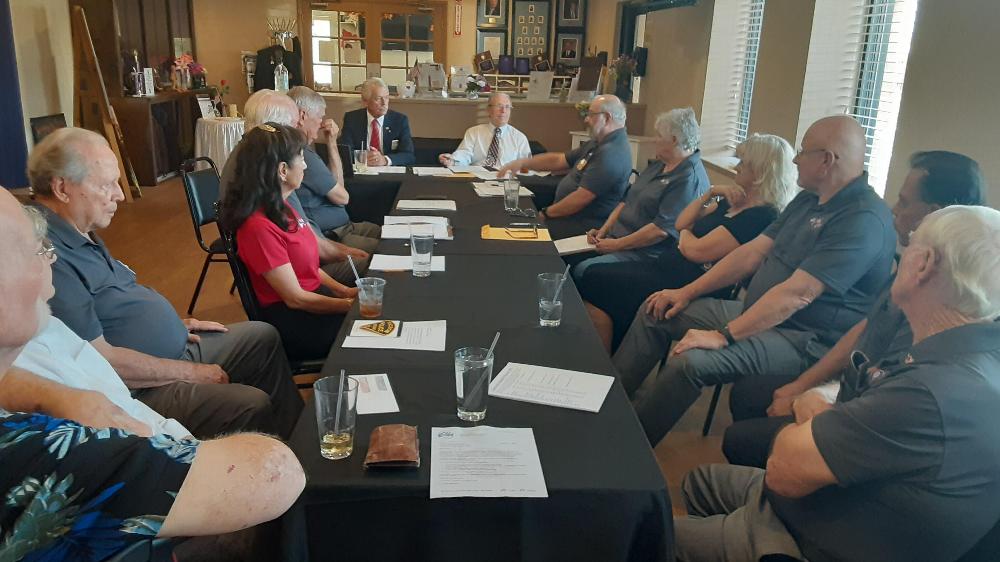 On September 1, 2023, Tucson Elks Lodge #385 was honored by Arizona Elks President Alan Kayal and Lady Brenda visiting Lodge.  Photo--President Kayal in white shirt meeting with Lodge #385 Board of Directors and various Committee Chairs. 