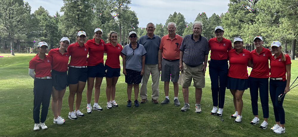 On September 9th-10th, 2023, the AZ State Elks held a golf tournament in Showlow AZ, look who Lodge #385 golf group met up with, the University of Arizona Women's Golf Team.   Center L-R: PER Matilda Lopez, PER/Esquire Joe Jablonski, PER/Golf chair Bob Holyoak and Trustee/PER Jim Sanford. 