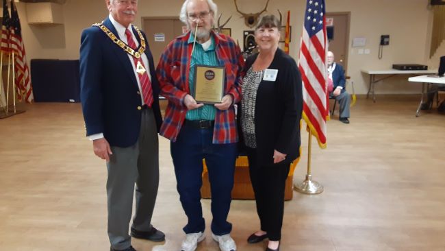 On December 19, 2023,  Lodge #385 member, Al Stevenson receiving an award for his 9 year's of Arizona Elks Association South District Veteran's chairman.  AEA state Veteran's Chair Mary Shaffer.  Pictured:  Left to right: ER Curtis Winters, Al Stevenson, Mary Shaffer. 