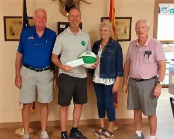 August 2, 2022, Tucson Elks Lodge donated the  $1,000 from the AZ Elks Major Projects per-capita donation goal of $8.00 per member to Amphi High School Basketball summer Kids league for grades 4 through 12.  In addition, Tucson Elks Lodge donated ($1,300) in 100 basketballs with the Amphi High Schools colors and logo.  Photo: L-R, Trustee W. Burns, Coach (and member) Ben Hurley, ER S. Trecartin and PER B. Holyoak