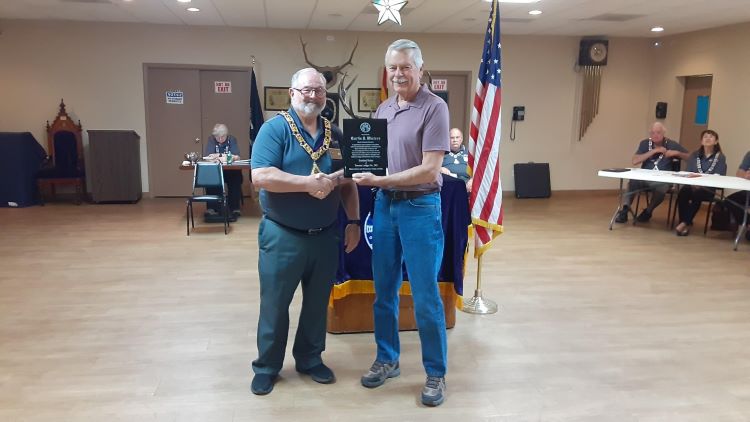 Tucson Lodge #385 ER Richard Bernard presenting now PER Curtis Winters with the Lodge #385 ER recognition/thank you plaque for his ER 2023-2024 service.  April 9, 2024