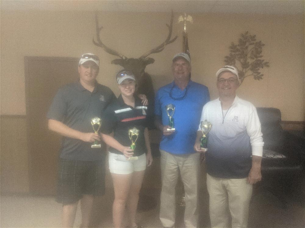 Golf Team from Tucson AZ Lodge #385 won second place in the South District Golf Tournament on April 23, 2022.  They shot a score of 59 in a scramble tournament.  All proceeds from the tournament were donated to Arizona Major Projects.
Left to Right:

Matt Nelson, Sarah Daniels, Chris Dimit, Angelo Daniels

 

