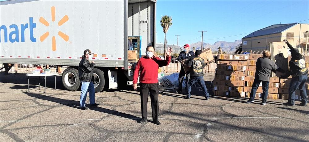 Bikes' arriving for 2020 Elks Lodge #385/Lugo Charites Bike in the Box,   500 local underprivileged kids will be excited this Christmas season. Member J. Lugo/Lugo Charities over seeing unloading of bikes. 
