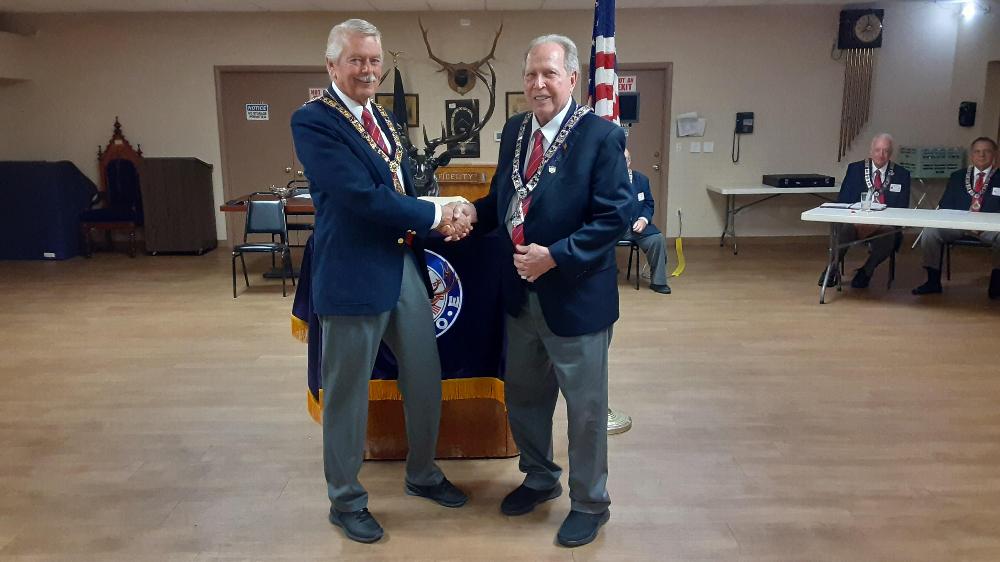 Tucson Elks Lodge #385 newest (LM) Life Member:  (R-L) Jim Sanford (LM), ER Curtis Winters
August 15, 2023