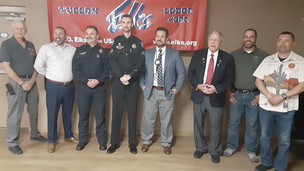 The Tucson AZ Elks Lodge #385 held its annual Law Enforcement/Fire Fighters 1st Responders appreciation dinner/event on September 14, 2023.  There were representatives from the Northwest Fire, Golder Fire, and Tucson Fire Fighter departments as well as Law Enforcement from Arizona Department of Public Safety, University of Arizona and Tucson AZ Police departments, their family members and many Elk members in attendance.     Recipients received a recognition certificate and a gift card to Albertsons grocery store.   

Photo’s attached show recipients and ER Curtis Winters on left end with PER/Trustee/ MC Jim Sanford (in white shirt red tie. Thank you Jim Sanford (law enforcement) and Fernando Fimbres (fire fighters) for organizing this annual event. 
