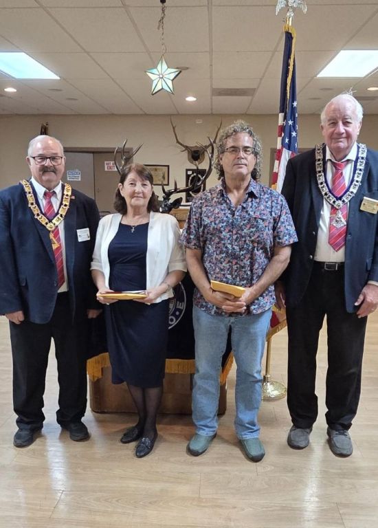 On May 26th, 2026, Tucson AZ Elks Lodge #385 newest members--(L-R) ER Richard Bernard, Patricia P. Jim B. sponser Trustee/PER Wayne Burns