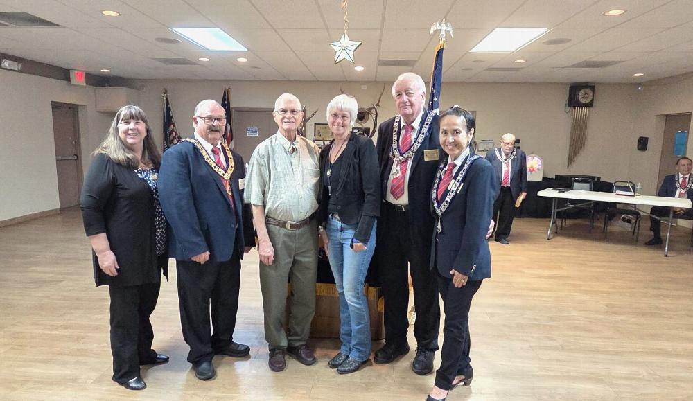 On September 8th, 2026, Tucson AZ Elks Lodge #385 newest members: L-R: AZ DDGER South M. Shaffer, ER R. Bernard, new member Tom Camenisch & D. Temple, Trustee/PER W. Burns, Trustee M. Megerle.
