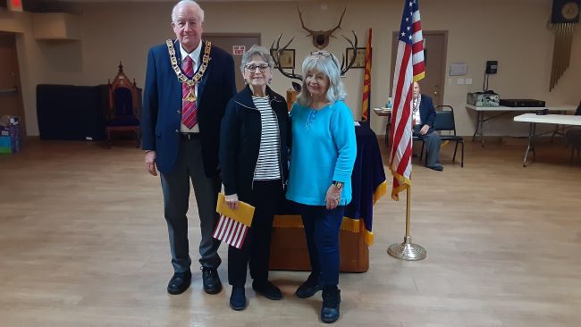 January 23, 2024, Tucson Elks  Lodge #385 newest member, L-R: Trustee/PER, Wayne Burns, new member Eve Saenz, proposer PDDGER Edlynn Henderson.   