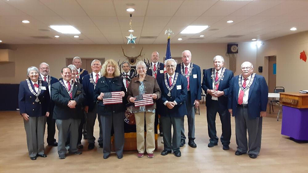 October 24, 2024, new members (L-R) Ann Huber, Sheron Jones with Tucson Elks Lodge #385 Officers.