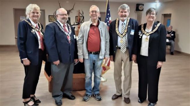 During our AZ South DDGER, visit to Lodge #385, we initiated our newest Lodge member.  Photo: Susan, Richard (proposer) new member Gary Smith, SDDGER Steve Asp, his Esquire Alane Asp. December 20,2022